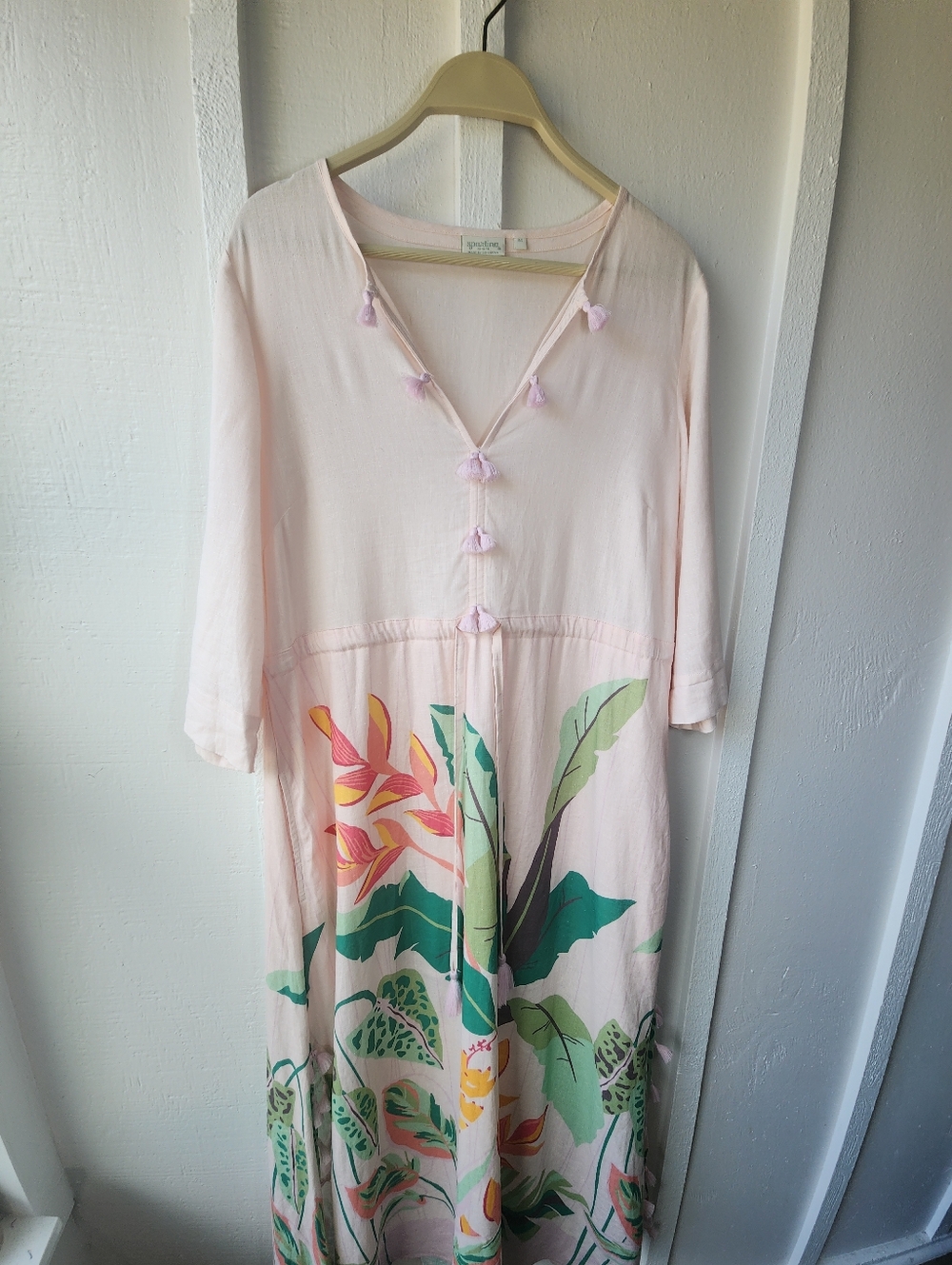 Spartina 449 Summerton Pink Lemonade Tropical Floral Linen Tassle Dress Size M